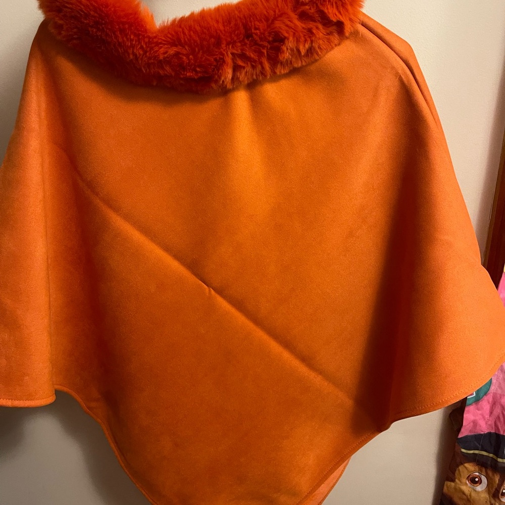 Brand New Orange Faux Fur Trim Poncho with leg warmers